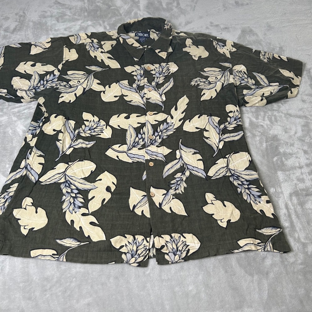 Cherokee Mens XL Tropical Floral Button Up Shirt Olive Green Cotton Rayon Blend
